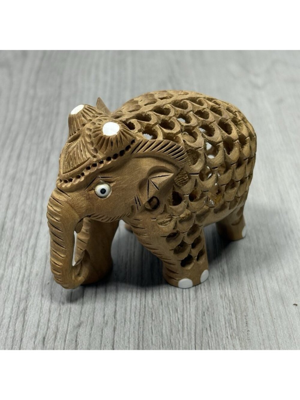 Hand Carved Wooden Lace Elephant Figures Babies Inside